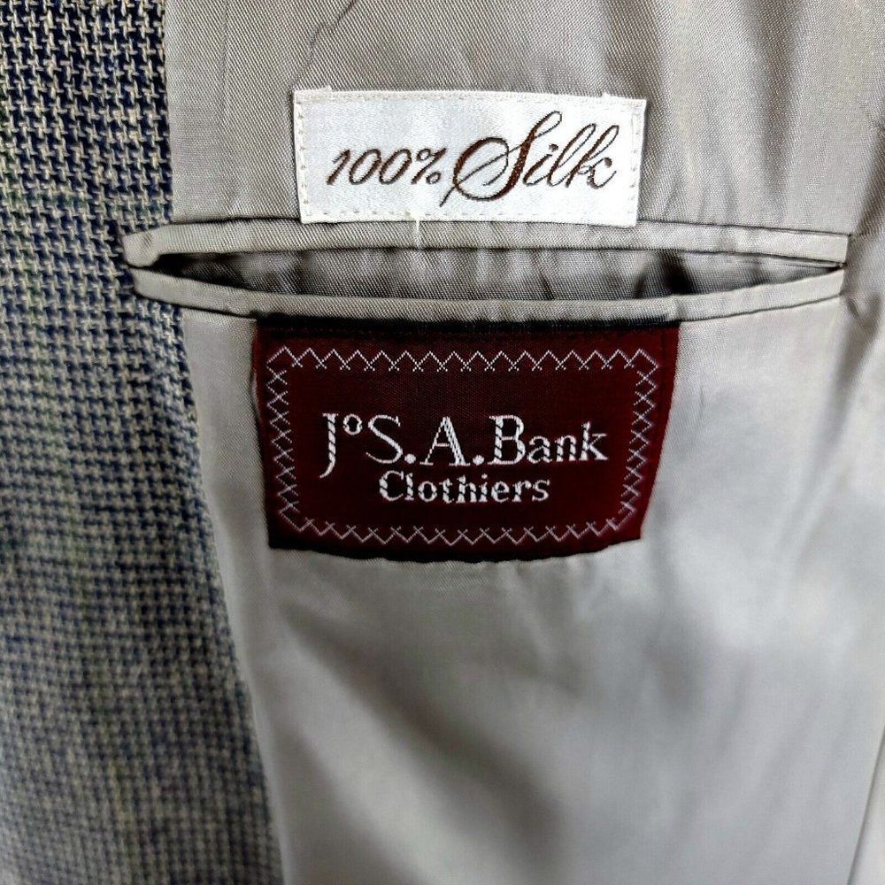 Jos A Bank 100% Silk 2 Button‎ Sport Coat Blue Tan Check W/ Green Windowpane 42R - Picture 7 of 10